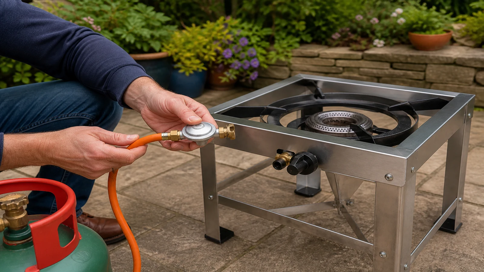 Checklist-style flat lay of outdoor boiling ring, regulator, 8mm hose and clips