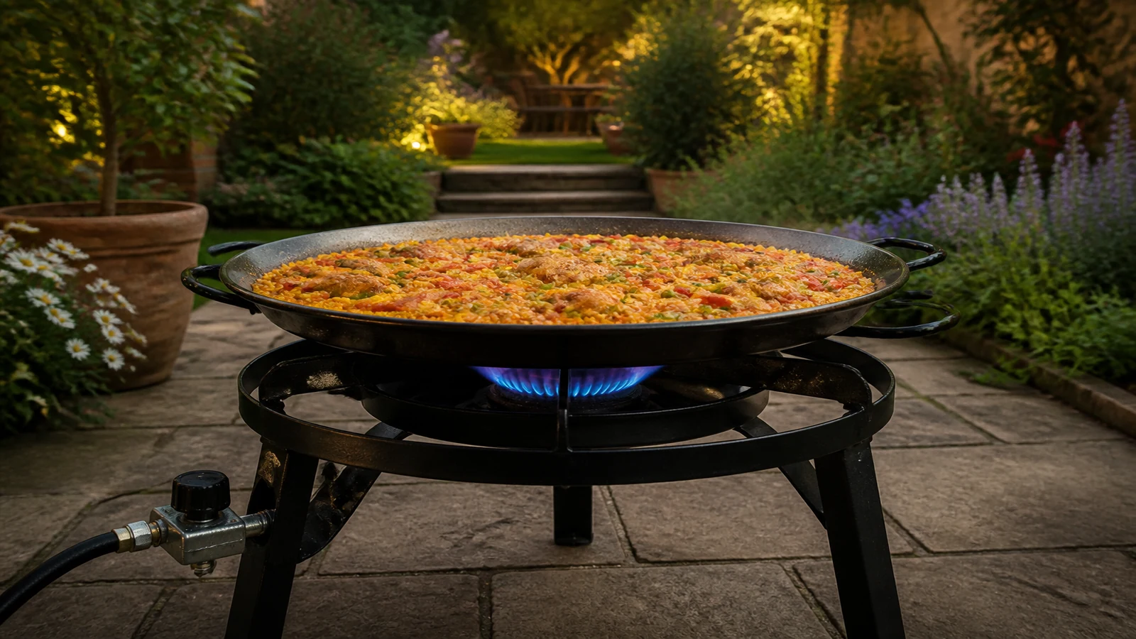 Paella pan on a square outdoor boiling ring compared with a dedicated round paella burner