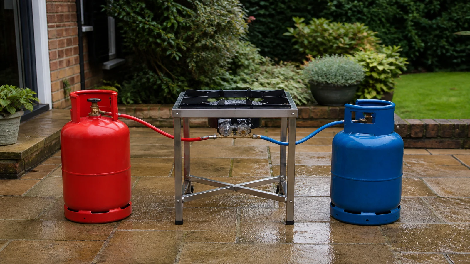 Outdoor boiling ring kit laid out next to propane and butane bottles with matching regulators