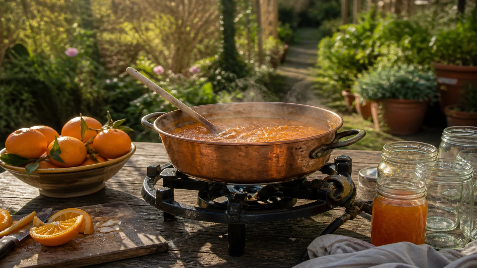 Seville oranges and a preserving pan set up on an outdoor gas boiling ring