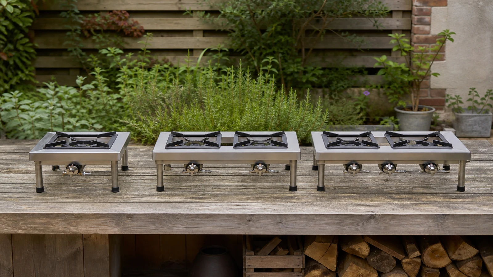 Single, double and triple outdoor gas burner frames compared on a patio